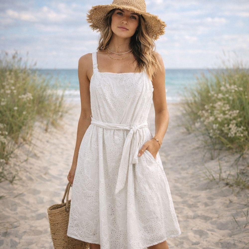 Calypso‎ St Barth Size 14 Eyelet Dress White Cotton Sleeveless Belted Midi Large